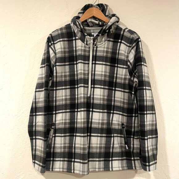 ~ O'Neill XL Fleece Jacket Black Gray Plaid Hoodie Pockets Half Zip Unisex - Picture 2 of 12